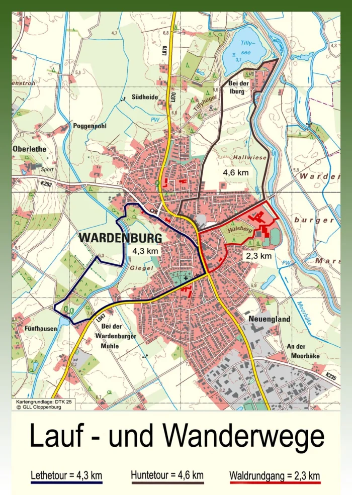 Karte der Lauf- und Wanderwege rund um Wardenburg: Lethetour, Huntetour und Waldrundgang für die Spargeltour