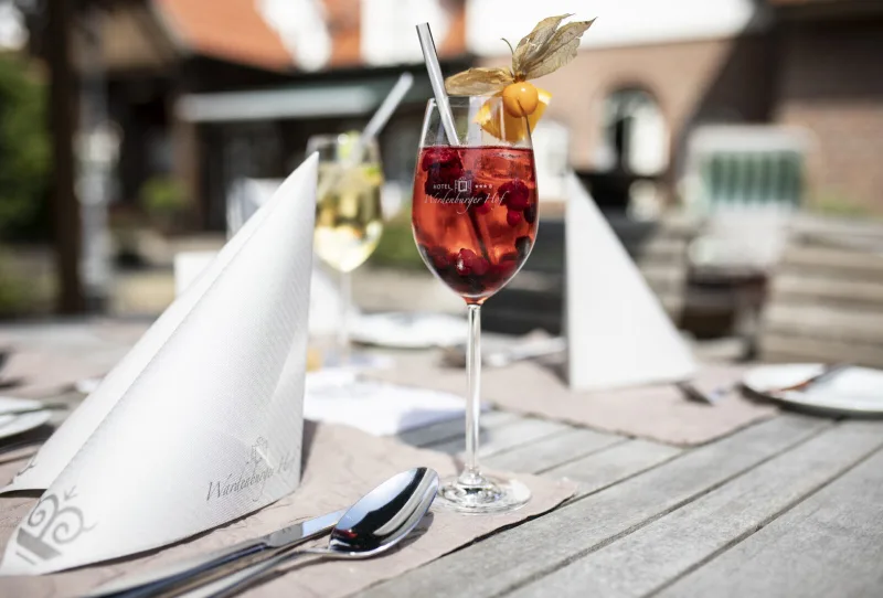 Begr&uuml;&szlig;ungscocktail im Biergarten des Wardenburger Hofs